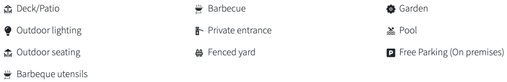 Icons and text listing amenities: deck, lighting, seating, BBQ, entrance, yard, garden, pool, parking.