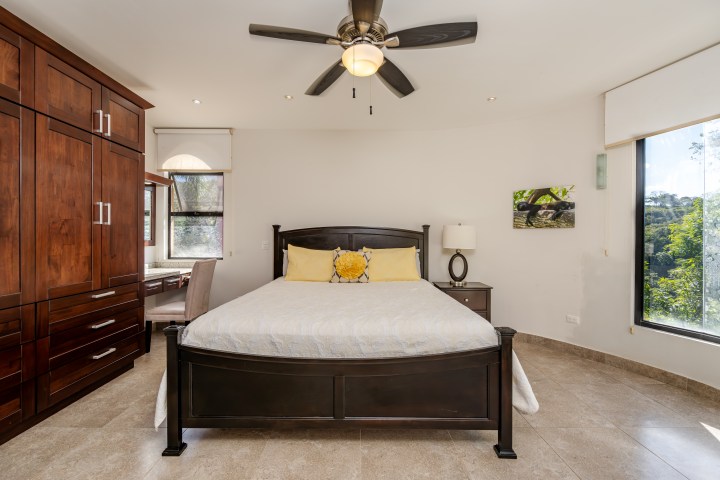 Modern bedroom with a dark wood bed, ceiling fan, and large windows overlooking greenery.