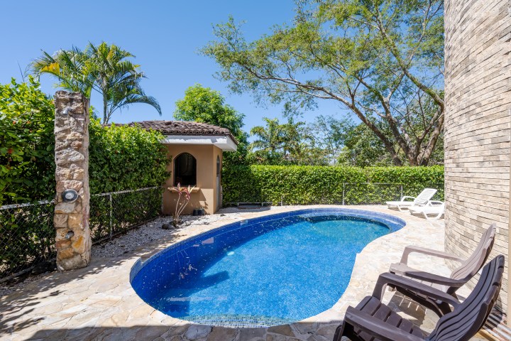 Backyard pool with stone patio, lounge chairs, and greenery on a sunny day.