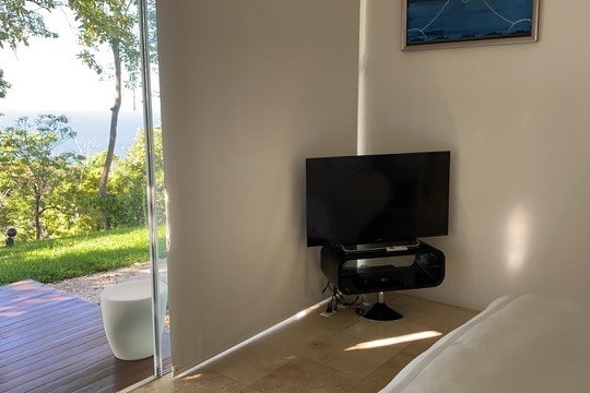 Room with a TV, open glass door, view of garden and sea outside.