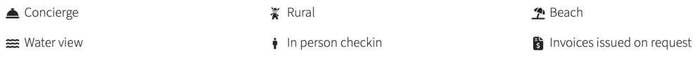 Icons for concierge, rural, beach, water view, in-person checkin, invoices issued on request.