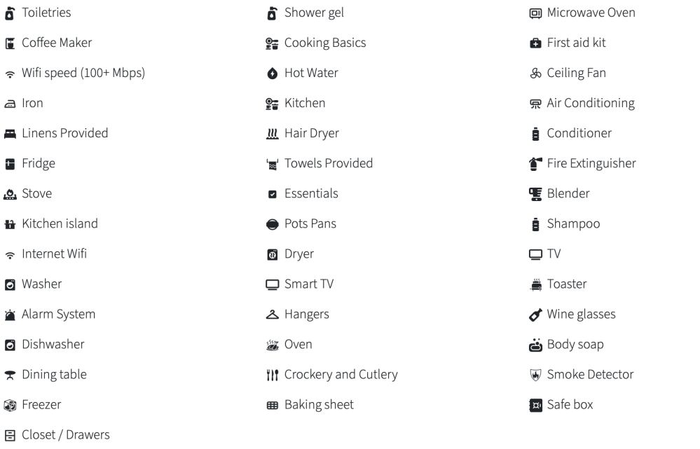 List of amenities with icons, including toiletries, WiFi, kitchen appliances, and safety features.