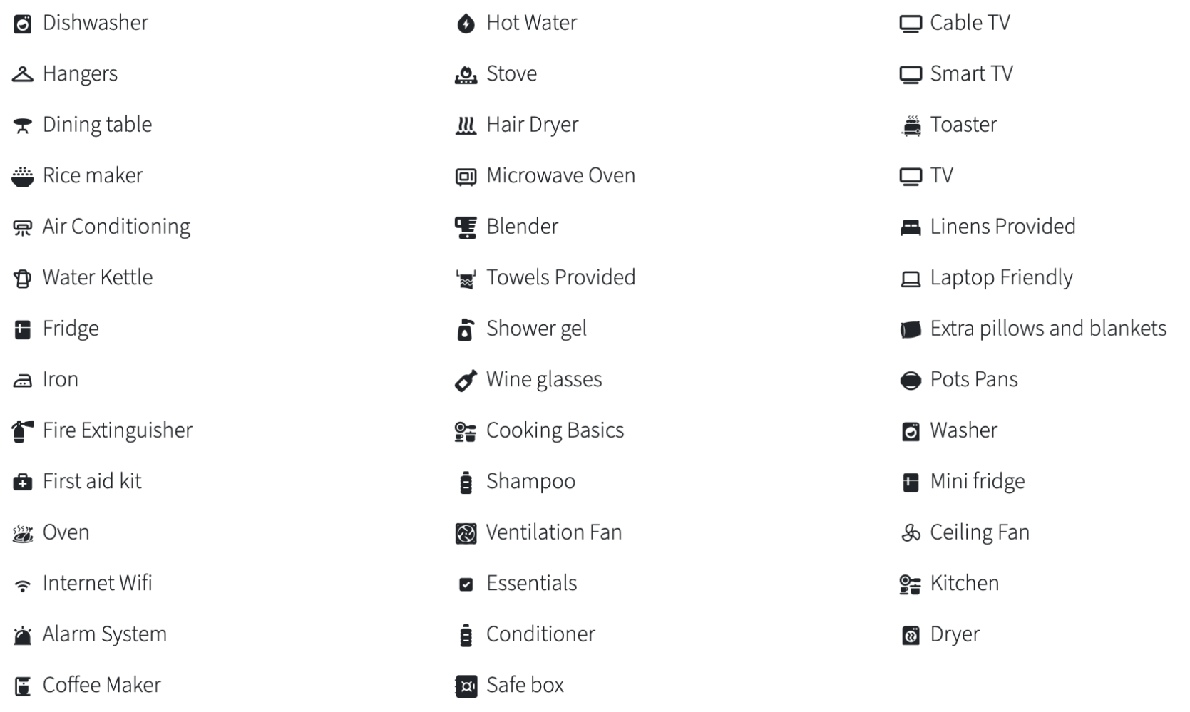 Icons and labels for various household amenities and features in three columns.