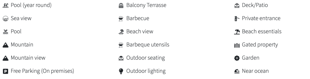 Icons and text listing amenities: pool, sea view, mountain view, free parking, barbecue, beach view.