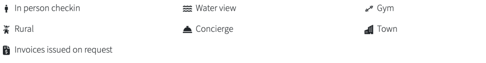Icons and text: In person checkin, Water view, Gym, Rural, Concierge, Town, Invoices issued on request.