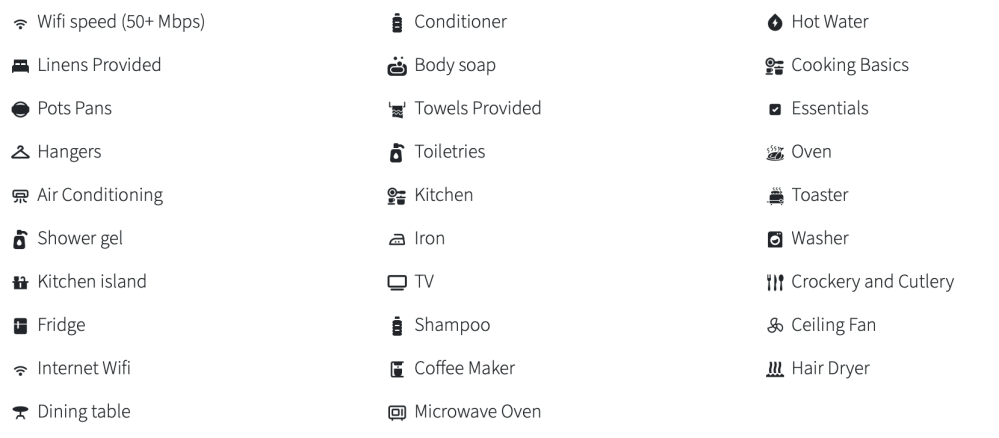 List of rental amenities including WiFi, kitchen, toiletries, washer, and hair dryer with icons.