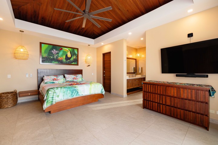 Bedroom with a ceiling fan, tropical bedding, wall art of a toucan, and a large TV above a wooden dresser.