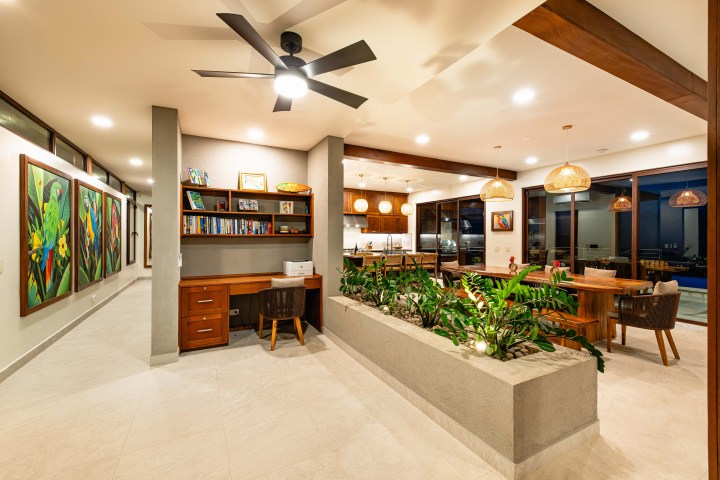Modern kitchen and dining area with ceiling fan, wall art, and indoor plants.