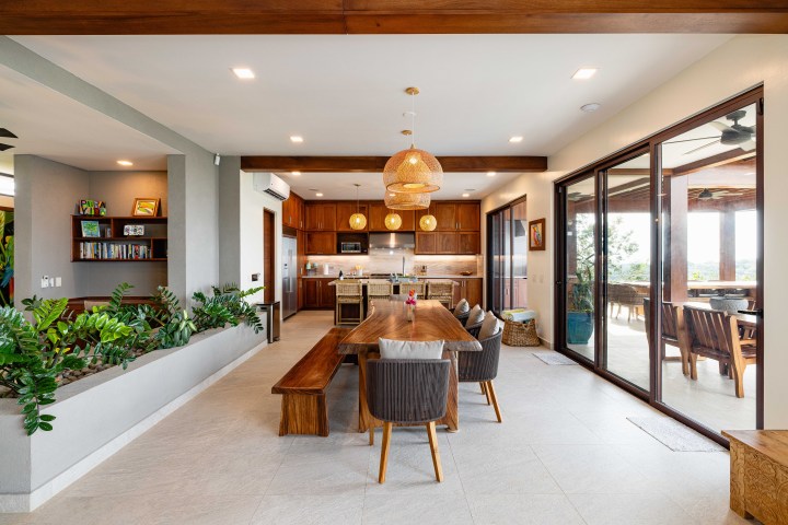 Modern dining and kitchen area with wooden accents, large windows, and potted plants.