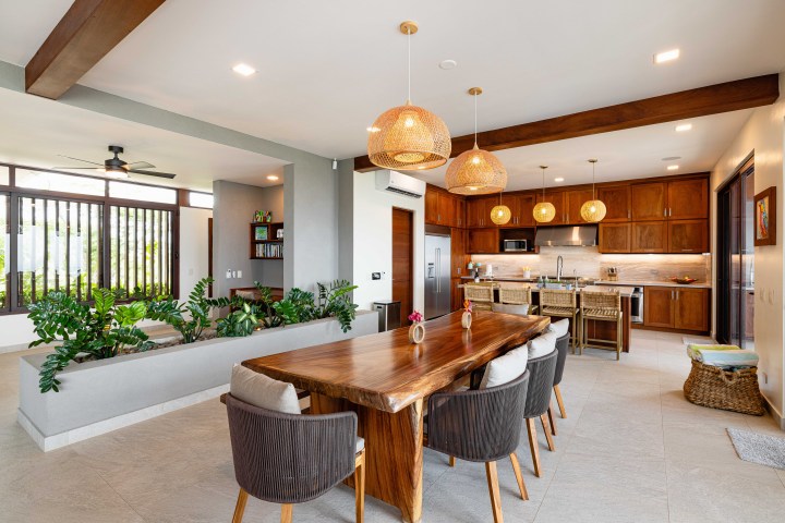 Modern open-plan kitchen and dining area with wooden table, pendant lights, and indoor plants.