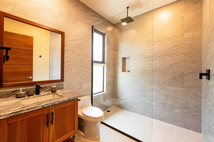 Modern bathroom with a glass shower, wooden vanity, and large mirror.
