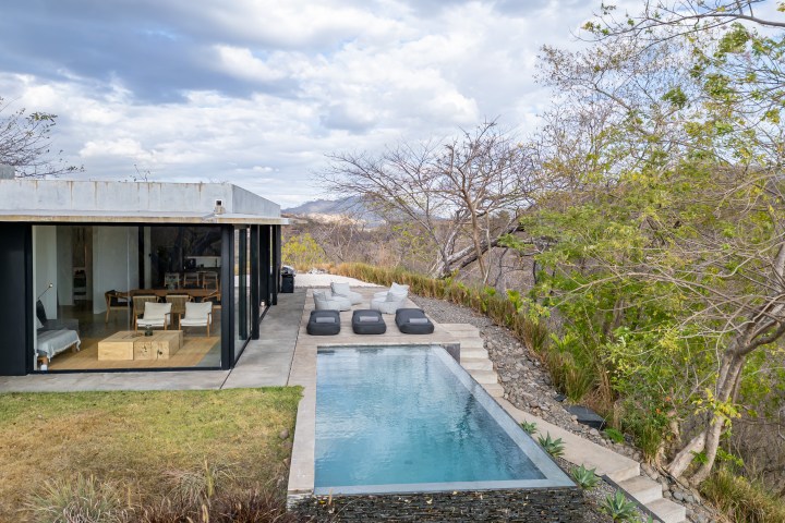 Modern house with glass walls and an infinity pool surrounded by trees.