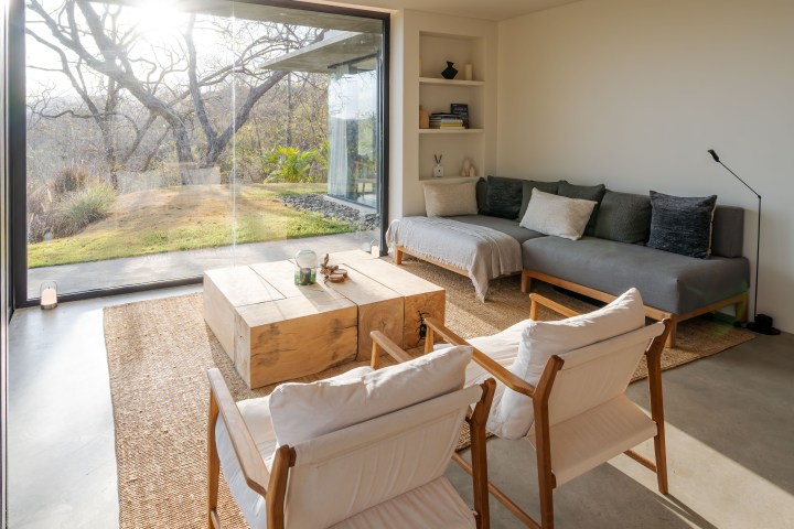 Bright living room with large glass doors, wooden chairs, and a gray sofa, overlooking a garden with trees.