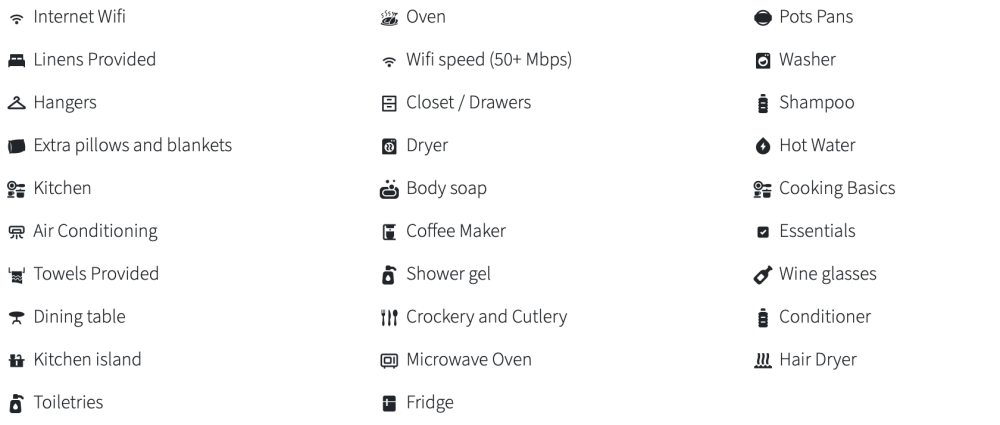 List of amenities icons, including Internet Wifi, Oven, Washer, Shampoo, and Hair Dryer.