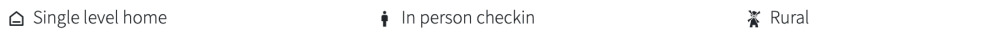 Icons indicate single level home, in-person check-in, and rural location.