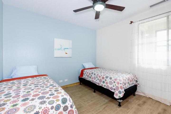 Room with two single beds, blue wall, ceiling fan, and a window with sheer curtains.