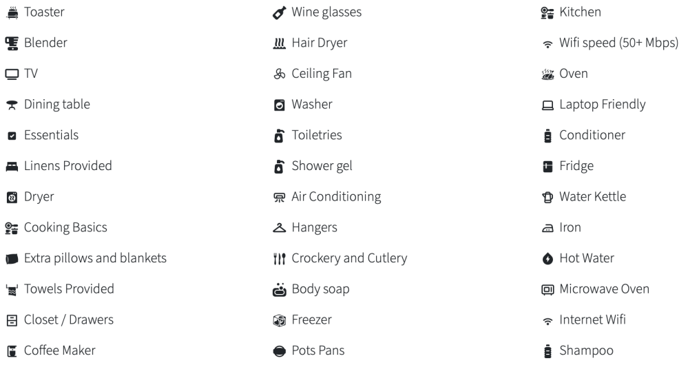 List of household items and amenities with icons, including kitchen, wifi, washer, and air conditioning.