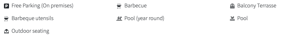 Icons for parking, barbecue, balcony, utensils, pool, and outdoor seating amenities.