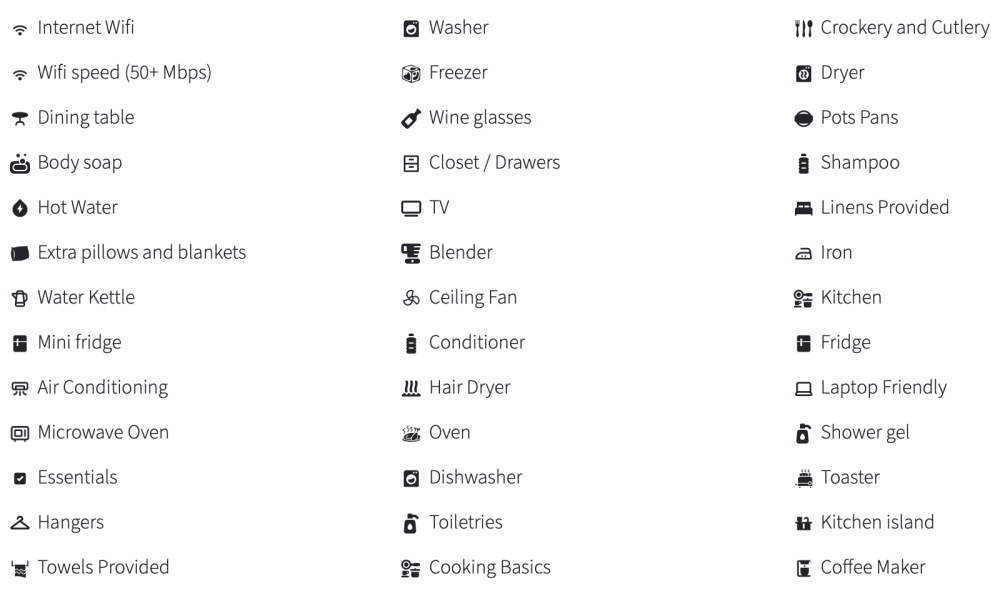 List of household amenities with icons, such as WiFi, air conditioning, washer, dryer, kitchen items, and toiletries.