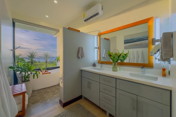Modern bathroom with double sink, large mirror, plants, and window view of trees and sky.