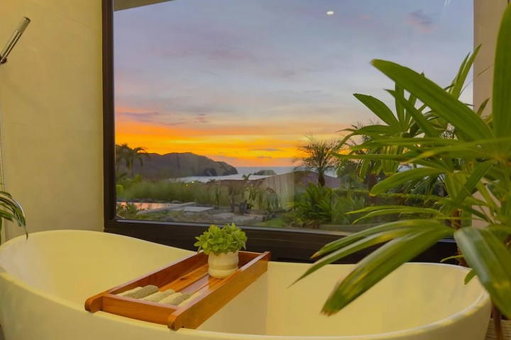 Bathtub with tray, plant view outside large window at sunset.