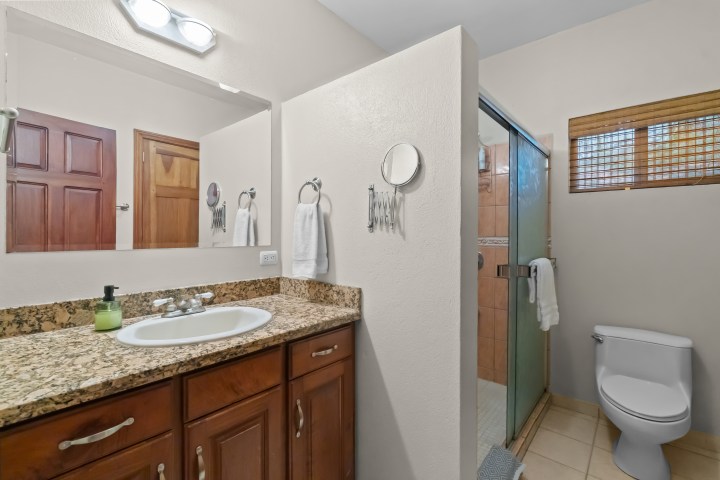 Bathroom with wooden cabinets, granite countertop, shower, and toilet.
