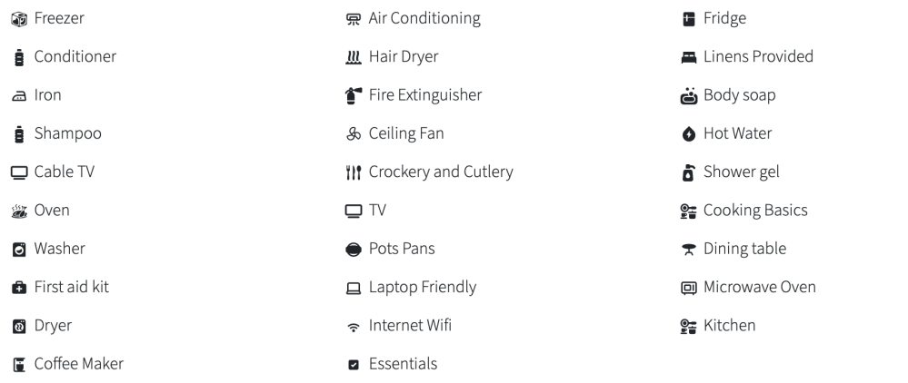 List of amenities including appliances and essentials for accommodation.