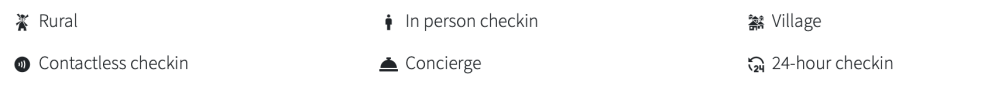 Set of icons with words: Rural, In-person check-in, Village, Contactless check-in, Concierge, 24-hour check-in.