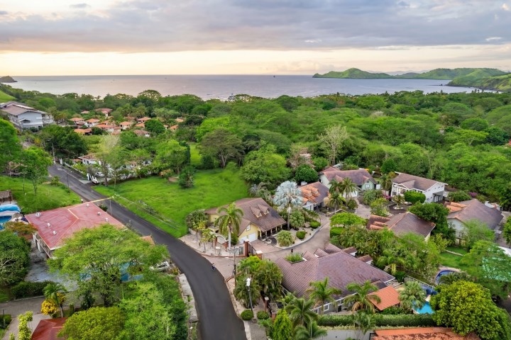 Aerial view of a coastal town with trees and ocean in the background.