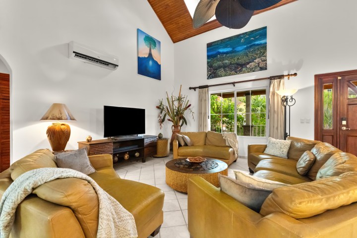 Living room with leather sofas, TV, art, and large window.