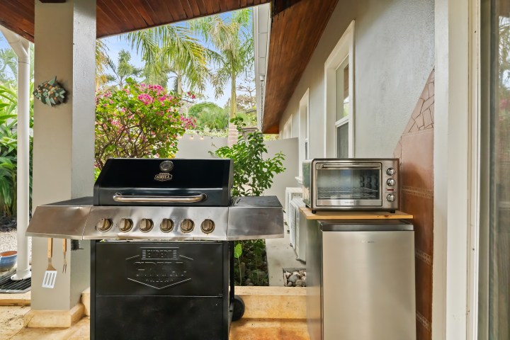 Outdoor patio with a grill, small oven, and tropical plants.
