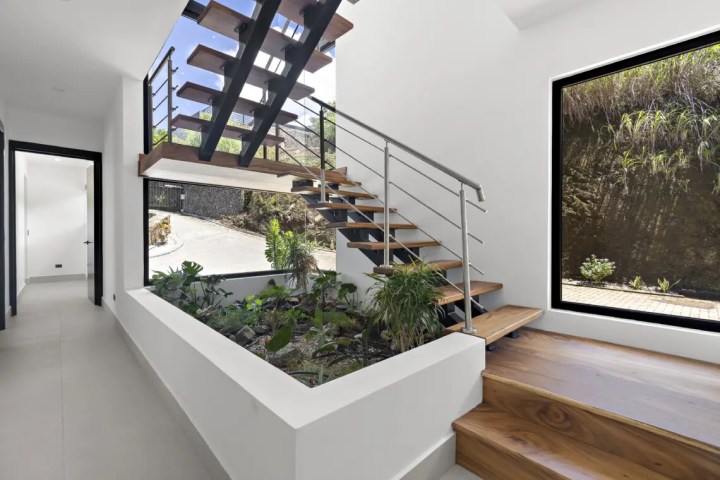 Modern staircase with indoor garden and large window.