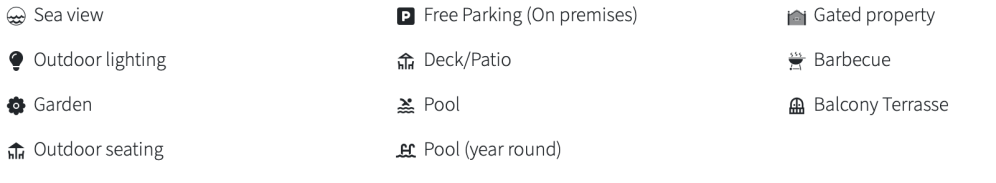 Icons and text listing property amenities like sea view, garden, pool, free parking, and barbecue.