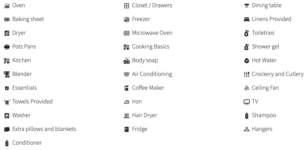 List of amenities with icons, including kitchen items and toiletries.