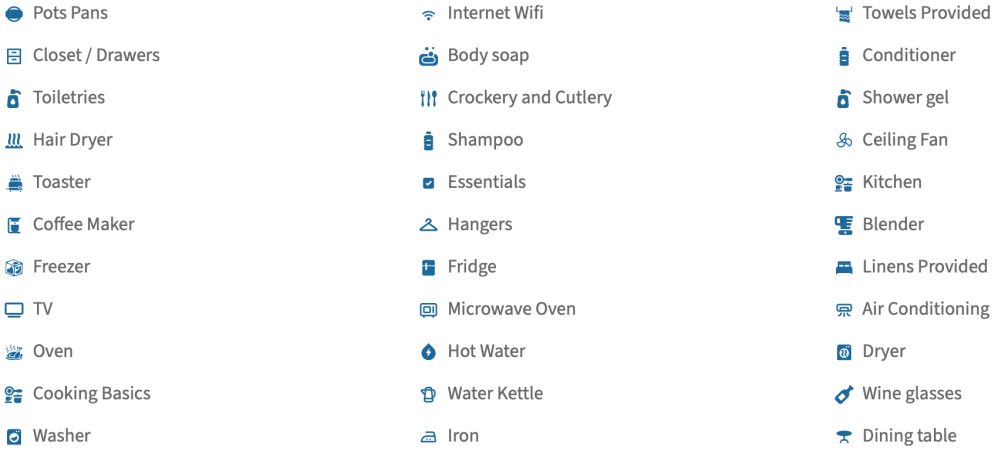 Icons and text listing home amenities like appliances and toiletries.