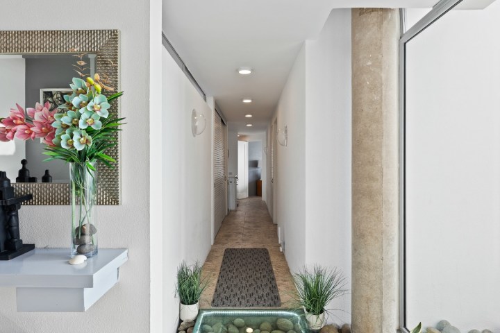 Narrow hallway with plants, flowers in a vase, and decorative items.