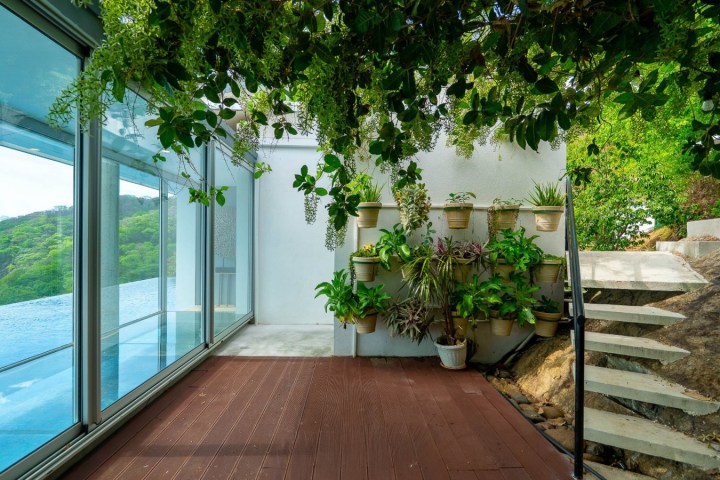 Terrace with potted plants, glass wall overlooking water, and hillside steps.