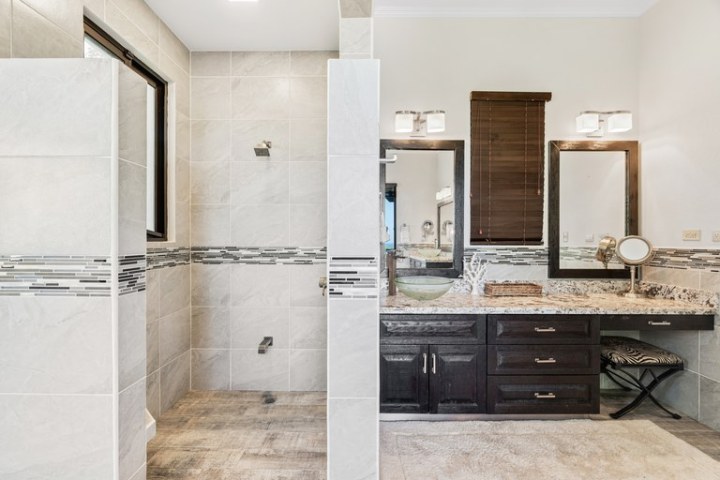 Modern bathroom with a walk-in shower and dark wood vanity.