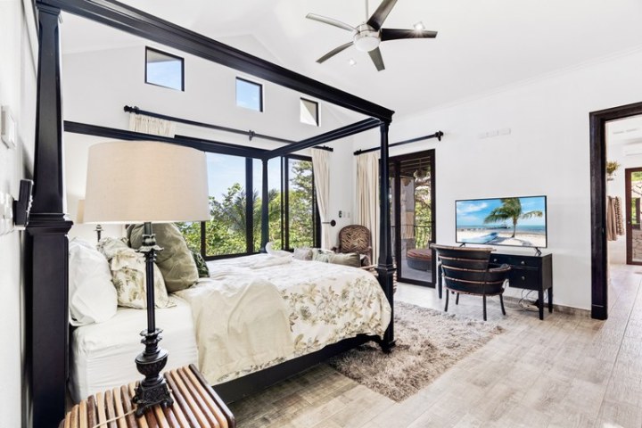 Bright bedroom with canopy bed, TV, desk, and large windows showing greenery.