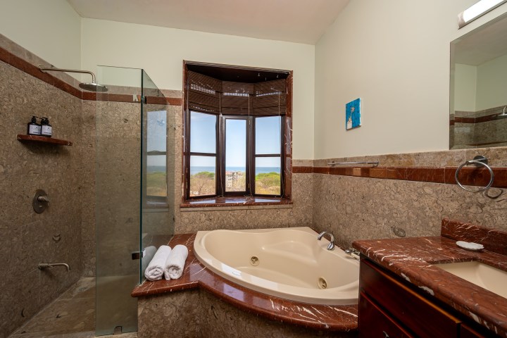 Bathroom with tub, shower, and window view.