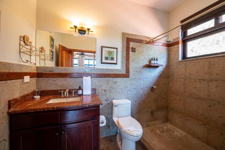 Bathroom with stone walls, shower, toilet, and wooden vanity under a mirror.