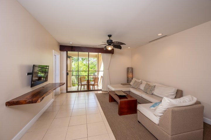 Modern living room with sofa, TV, and balcony view of greenery.