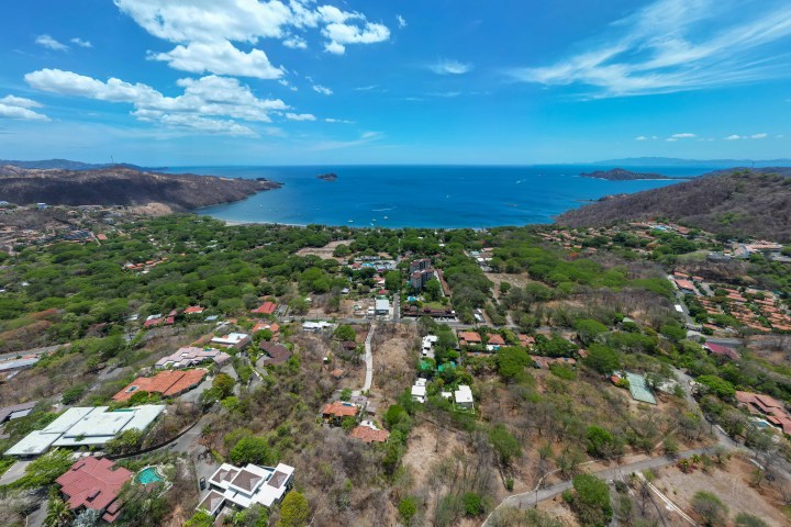 Aerial view of coastline with lush greenery and scattered houses under a clear blue sky.