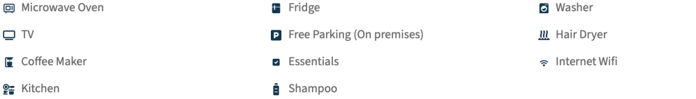 List of amenities including microwave, fridge, TV, parking, WiFi, and more.