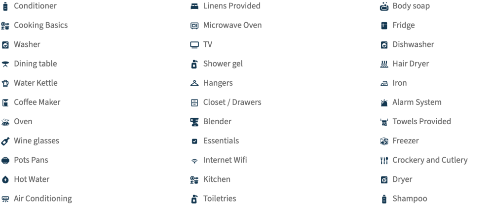 List of household amenities with icons, including appliances and toiletries.