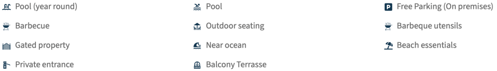 Amenities list including pool, barbecue, outdoor seating, gated property, free parking, and ocean proximity.