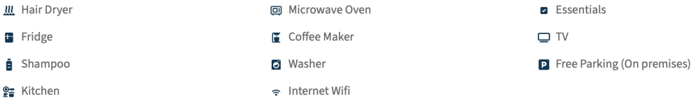 List of amenities including hair dryer, fridge, and WiFi.