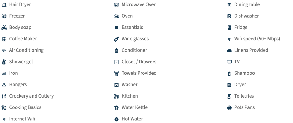 Icons and text listing household amenities like appliances and WiFi.