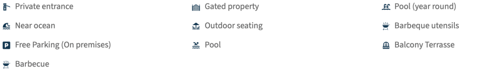 Icons and text listing amenities like private entrance, pool, and barbecue.