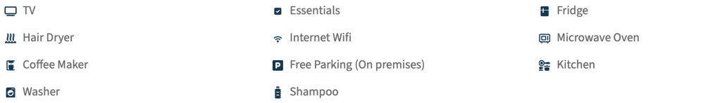 Icons and labels for amenities: TV, hair dryer, coffee maker, washer, essentials, WiFi, free parking, shampoo, fridge, microwave oven, kitchen.
